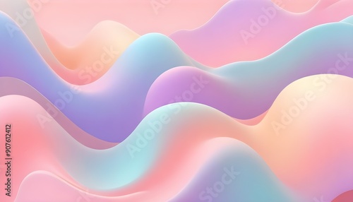 3D illustration of colorful, smooth, undulating waves in shades of pink, blue, and yellow. The waves create a sense of movement and energy, resembling a flowing liquid or a rainbow. photo