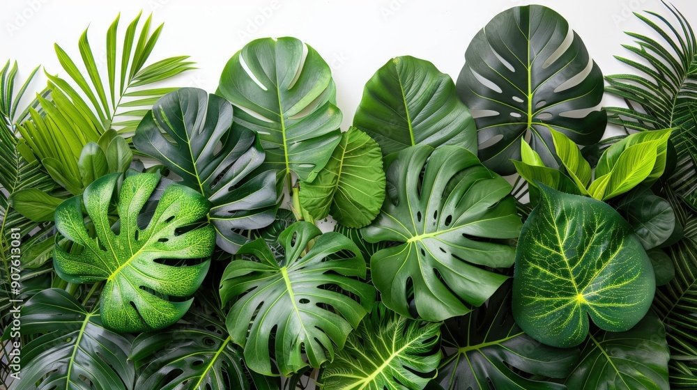 Obraz premium Lush and vibrant tropical foliage against a white background, highlighting the natural beauty and freshness of the plants