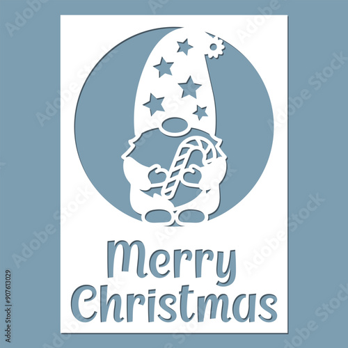 Merry Christmas greeting card with Gnome, template for cutting.