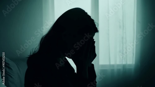 Silhouette lonely sad woman in despair sorrow. Mental health problem. Girl with depression suffering in room. Unhappy person cry feel hopelessness. Life trouble, money loss concept. Stressed emotion.