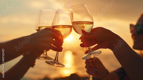 A group of girlfriends toasting glasses with wine at sunset Together clinking glasses closeup : Generative AI