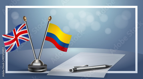 United Kingdom and Colombia Small national flag on bokeh background, cooperative relationship