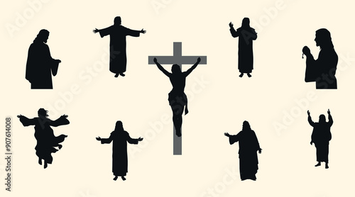 Set of black silhouettes of Jesus Christ. Vector on a light background.