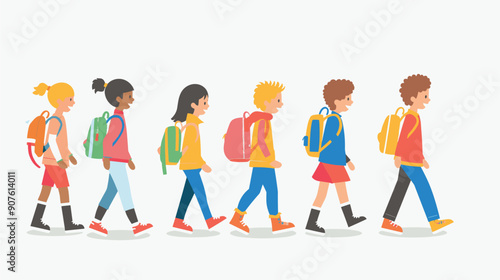 School children walking outdoor trip, teamwork. Five diverse ethnicity kids wearing backpacks stroll forward. Group elementary students dressed casual clothes journey
