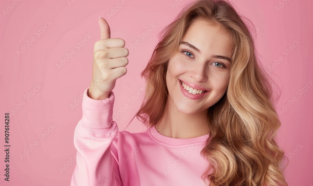 Smiling young woman in jacket, giving thumbs up. Free copy space for banner. Smiling young woman in jacket, giving thumbs up. Free copy space for banner.