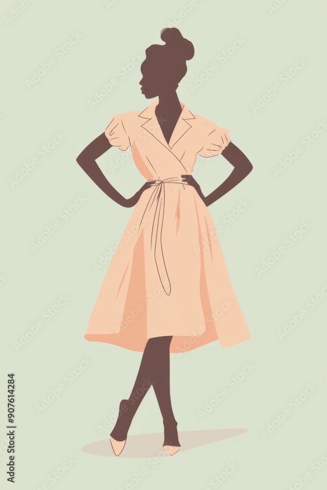 Minimalism illustration, a Black woman, wearing a fit-and-flare dress with a cinched waist and a headband, standing with her hands on her hips, vintage retro fashion, flat illustration on pale green Minimalism illustration, a Black woman, wearing a fit-and-flare dress with a cinched waist and a headband, standing with her hands on her hips, vintage retro fashion, flat illustration on pale green