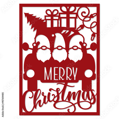 Laser cut Christmas card with Gnomes truck, template for cutting and printing.
