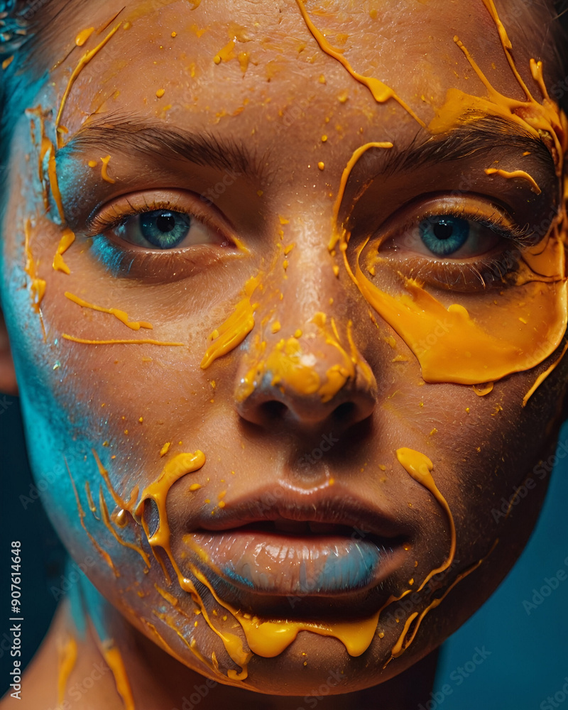 Close-up of a person covered in colorful, creamy paint on face, creating an artistic and whimsical look. Eyes closed, serene expression. Close-up of a person covered in colorful, creamy paint on face, creating an artistic and whimsical look. Eyes closed, serene expression.