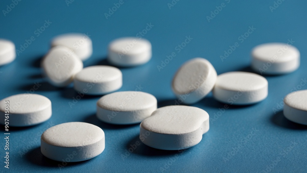 White tablets scattered on blue background close-up White tablets scattered on blue background close-up