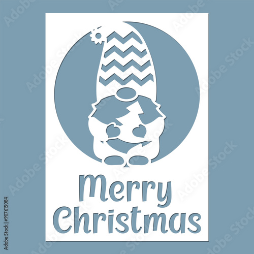 Laser cut card, Gnome Christmas greeting card, cutting template.