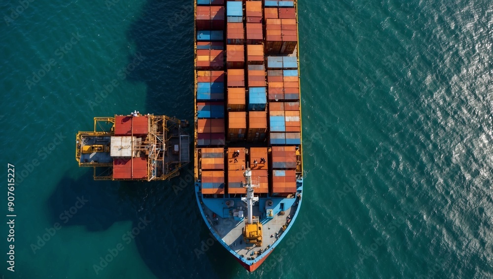Fototapeta premium Cargo ship with containers in blue sea from above.