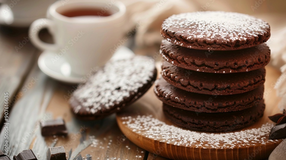 Indulgent Chocolate Biscuits with Sprinkled Icing Sugar and Relaxing Tea Break Indulgent Chocolate Biscuits with Sprinkled Icing Sugar and Relaxing Tea Break