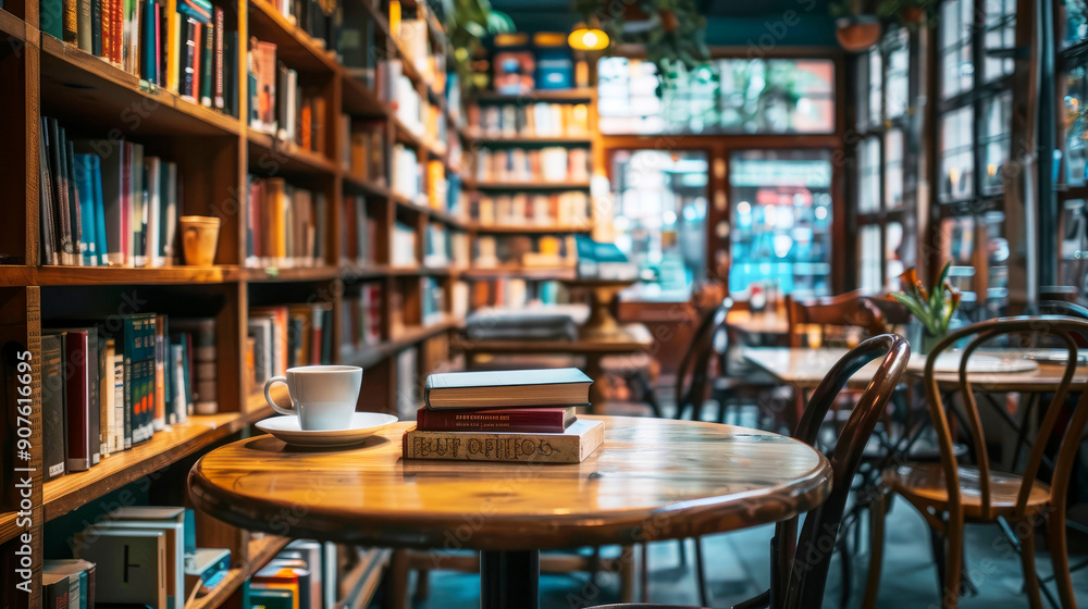 This charming library features wooden shelves filled with books, a table with a cup of coffee, creating a tranquil reading space, perfect for book lovers. This charming library features wooden shelves filled with books, a table with a cup of coffee, creating a tranquil reading space, perfect for book lovers.