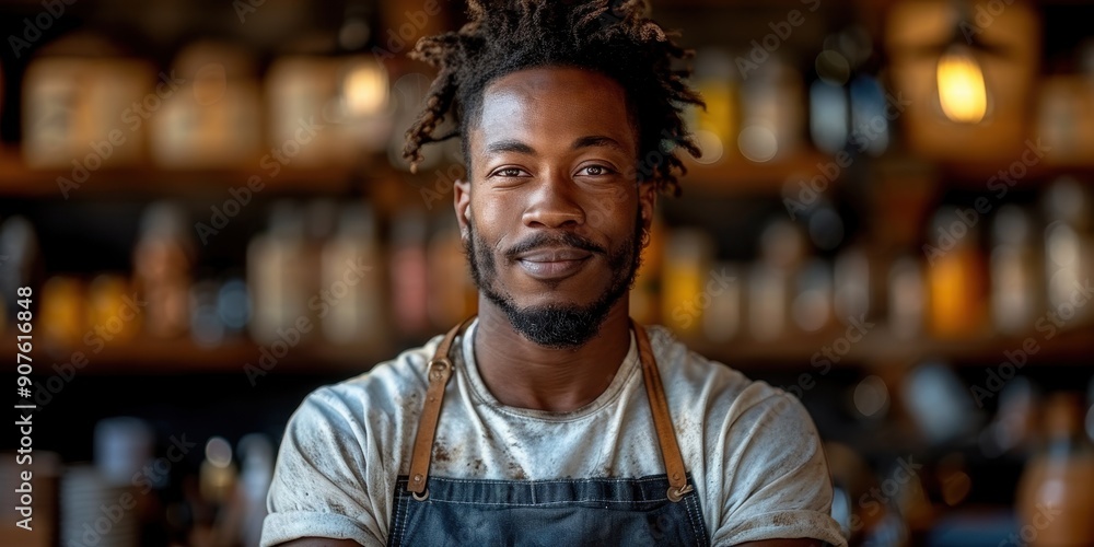 A confident barber with folded arms standing in his well-organized shop, surrounded by grooming products and tools. A confident barber with folded arms standing in his well-organized shop, surrounded by grooming products and tools.