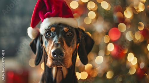 Festive Doberman Pinscher in Santa Hat with Christmas Lights Background for Holiday Design