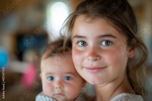 Teenager babysitting - teenager girl sitting with baby near the tv