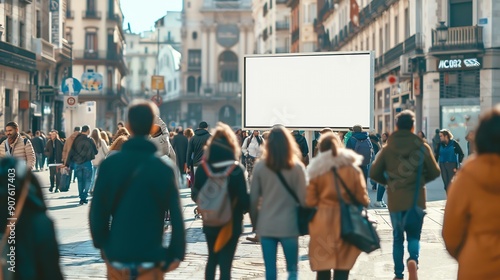 Blank advertising billboard mockup in a busy madrid city square with blurred pedestrians and historical architecture : Generative AI