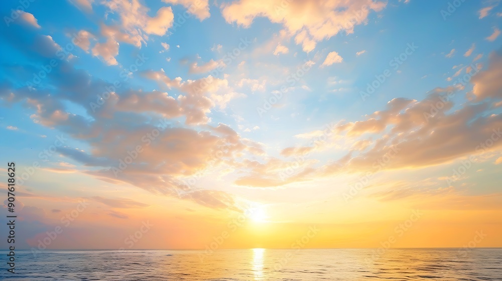 Fototapeta premium Horizon Sea Sky Background Sunset sky clouds over sea in the evening with Orange Yellow sunlight Golden hour in Summer landscape Dusk sky seascape backgrounds : Generative AI