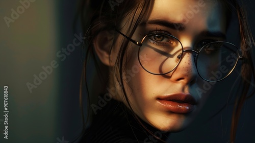 Fashion portrait of a young beautiful brownhaired woman in stylish eyeglasses : Generative AI photo