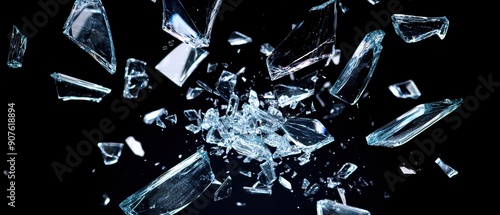 Shattering glass fragments midair captured in high detail with a black background.