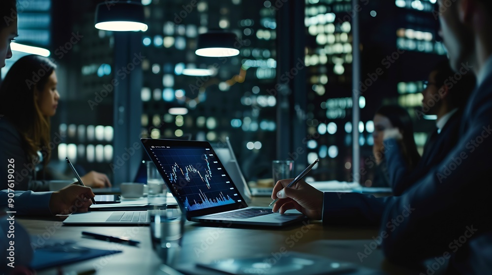 Meeting laptop and team of business people in office at night with stock market charts for investment Discussion computer and financial advisors working on company profit report with d : Generative AI Meeting laptop and team of business people in office at night with stock market charts for investment Discussion computer and financial advisors working on company profit report with d : Generative AI