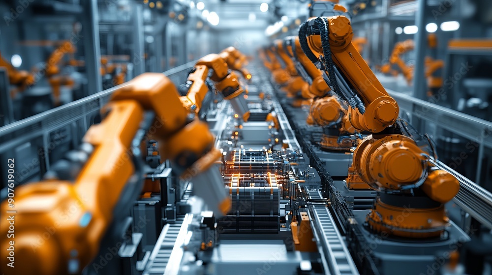 Automated EV battery pack production line featuring orange advanced robot arms A row of robotic arms assembles batteries for the automotive industry inside a bright electric car smart Automated EV battery pack production line featuring orange advanced robot arms A row of robotic arms assembles batteries for the automotive industry inside a bright electric car smart