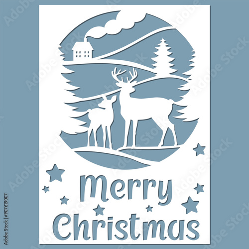 Merry Christmas greeting card with deer, template for cutting.