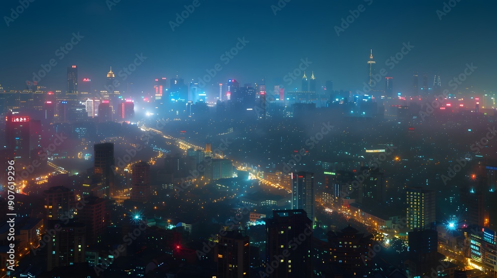 Fototapeta premium Nighttime Cityscape with Fog