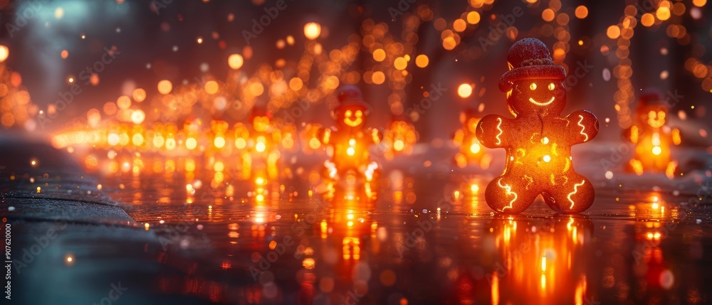 A whimsical scene of glowing gingerbread figures amidst a magical winter setting, capturing the essence of holiday cheer. A whimsical scene of glowing gingerbread figures amidst a magical winter setting, capturing the essence of holiday cheer.