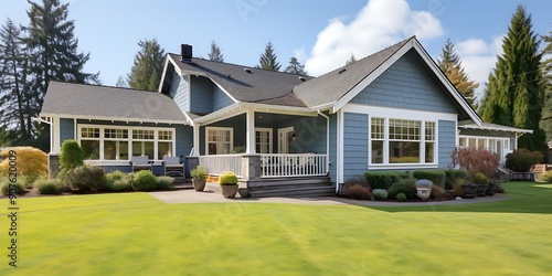 A photo of an American style house with gray and blue color, white trim on the windows, front door is bright teal , large lawn in background.