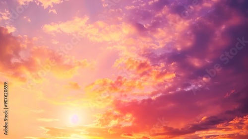 Sunset Sky Clouds in the evening with Red Orange Yellow and purple sunlight on Golden hour after sundown Romantic sky in summer on Dusk Twilight : Generative AI