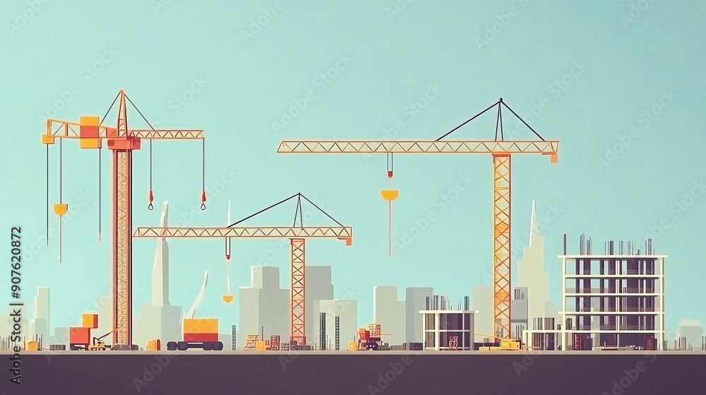 Construction technology banner background featuring a construction site with cranes fittings and concrete Construction technology banner background featuring a construction site with cranes fittings and concrete