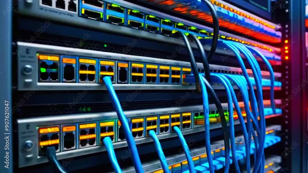Network switch with blue cables connected to ports. Network switch with blue cables connected to ports.