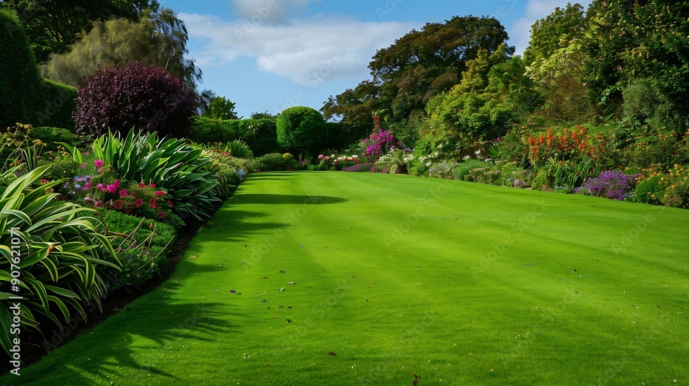 Obraz premium Scenic view of a beautiful English Style landscape garden with a freshly mowed grass Lawn green leafy plants and colourful flower bed garden themed photograph in colour : Generative AI