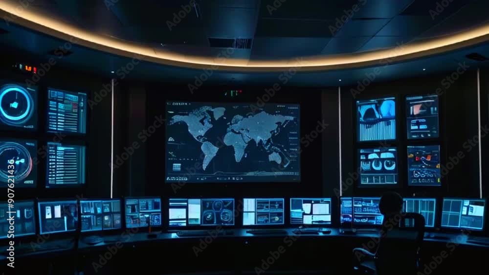 A dark room with a large screen displaying a world map with blue data points, surrounded by smaller screens with various data visualizations. A dark room with a large screen displaying a world map with blue data points, surrounded by smaller screens with various data visualizations.