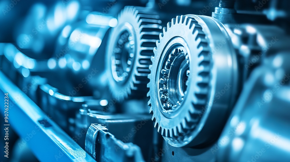 Fototapeta premium Engine gear wheels create an industrial background representing the car service industry concept with a blue tone