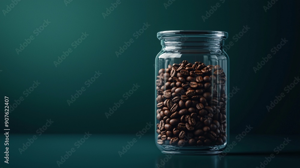 Preserving Quality: Coffee Beans Stored in Glass Jar with Green Background Preserving Quality: Coffee Beans Stored in Glass Jar with Green Background