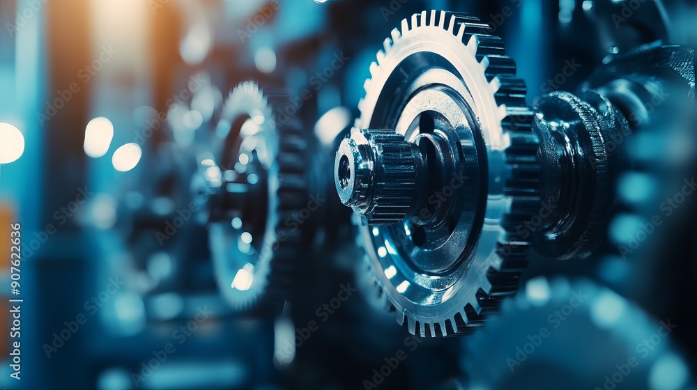 Engine gear wheels create an industrial background representing the car service industry concept with a blue tone Engine gear wheels create an industrial background representing the car service industry concept with a blue tone
