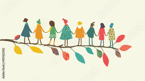 Eight diverse characters holding hands standing tree branch, multiple colored autumnal leaves, whimsical artistic vibe, unique outfits. Multiracial kids bonding, cooperation, team unity, vivid