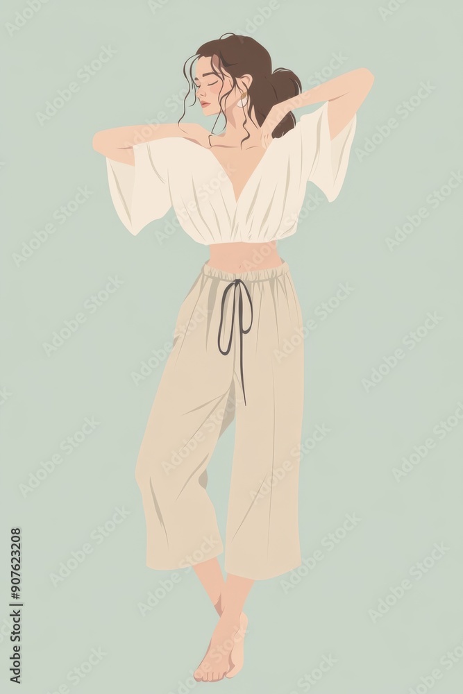 Minimalism illustration, a Caucasian woman, wearing a biodegradable silk blouse with hemp trousers, standing with both hands holding the skirt, eco-friendly fashion, boho, flat illustration Minimalism illustration, a Caucasian woman, wearing a biodegradable silk blouse with hemp trousers, standing with both hands holding the skirt, eco-friendly fashion, boho, flat illustration