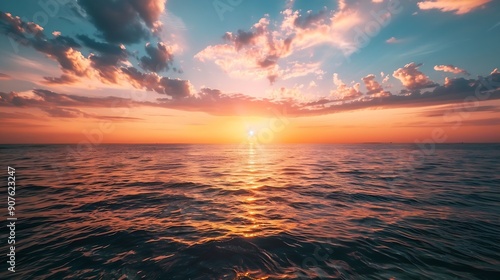 Horizon Sea Sky Background Sunset sky clouds over sea in the evening with Orange Yellow sunlight Golden hour in Summer landscape Dusk sky seascape backgrounds : Generative AI