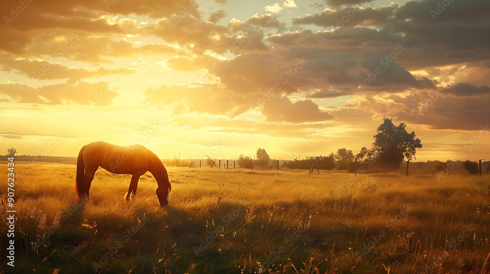 A beautiful shot of a horse grazing on a rural field under a golden sunset sky : Generative AI A beautiful shot of a horse grazing on a rural field under a golden sunset sky : Generative AI
