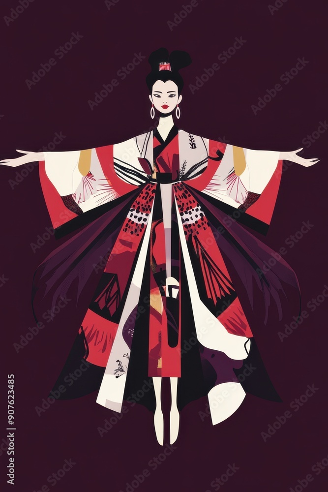 Obraz premium Minimalism illustration, a Caucasian woman, wearing a layered outfit with exaggerated volume and unconventional shapes, posed with arms wide open, avant-garde fashion, boho, flat illustration 