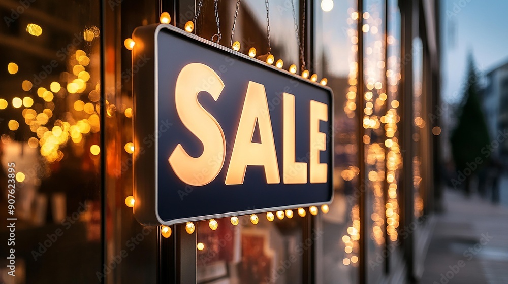 Captivating sale sign illuminated at dusk, surrounded by twinkling lights, inviting shoppers to discover amazing deals. Captivating sale sign illuminated at dusk, surrounded by twinkling lights, inviting shoppers to discover amazing deals.