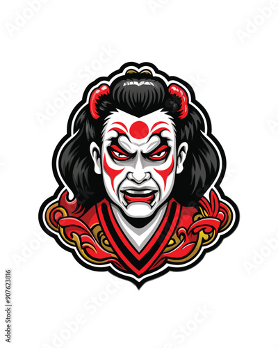 A dramatic kabuki actor in full costume and makeup, with red and gold accents, and an intense expression. © dejanira