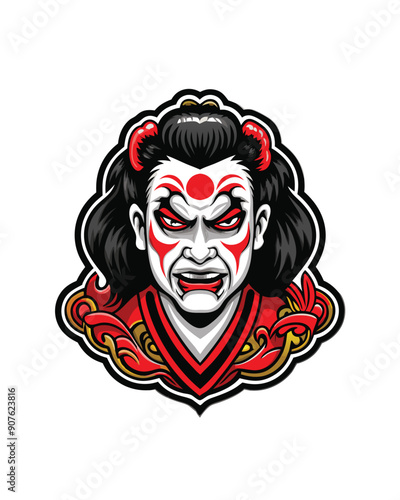 A dramatic kabuki actor in full costume and makeup, with red and gold accents, and an intense expression.