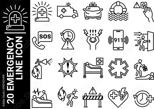 20 emergency line icon, black and white