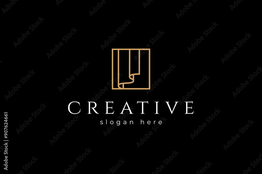 Curtain logo in box frame with gold luxury minimalist line art vector design style Curtain logo in box frame with gold luxury minimalist line art vector design style