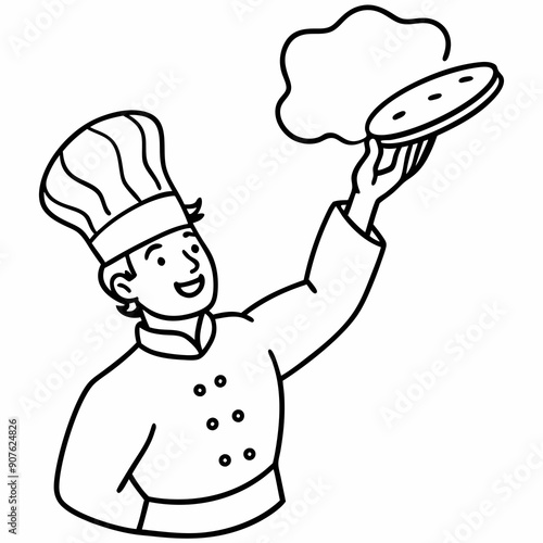 A chef tossing pizza dough in the air art vector illustration