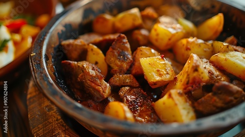 travel to Georgia  portion of Ojakhuri Georgian dish fried meat with potatoes closeup in bowl on wooden table in local cafe in Batumi city : Generative AI photo